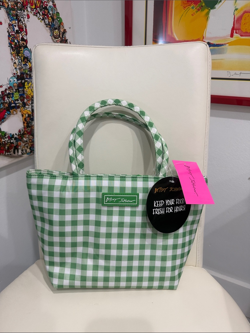 Betsey Johnson Green and White Gingham Insulated Lunch Tote Bag